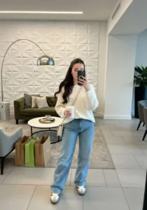 White Knit Sweater + Blue Wide-Leg Jeans