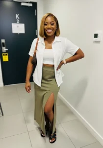 White Shirt + Green Skirt