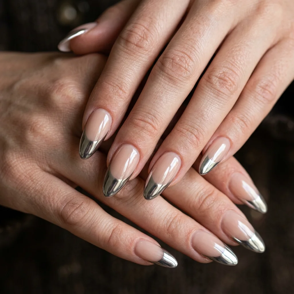 Chrome French Tip Almond Nails