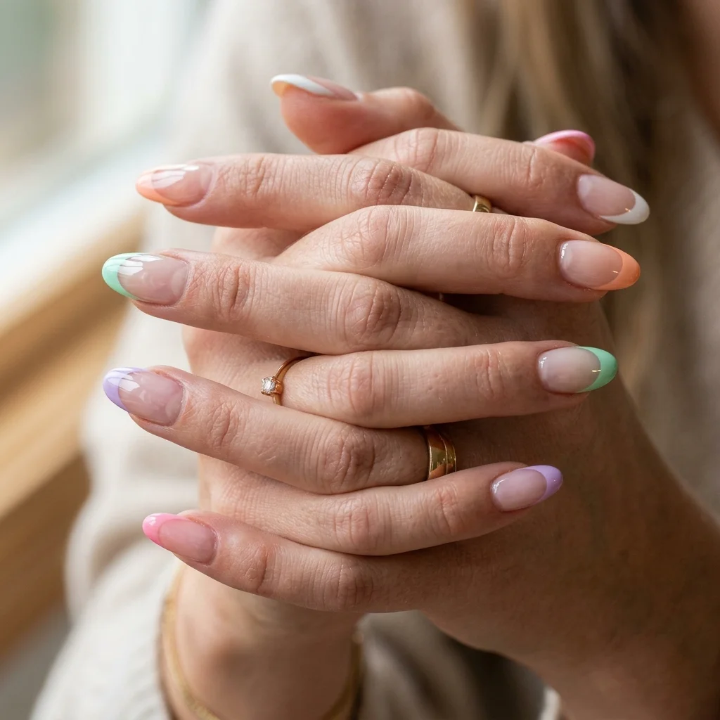 Mixed Color French Tip Almond Nails