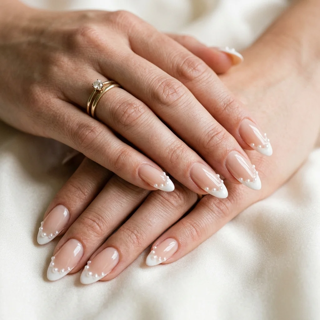 Pearl French Tip Almond Nails