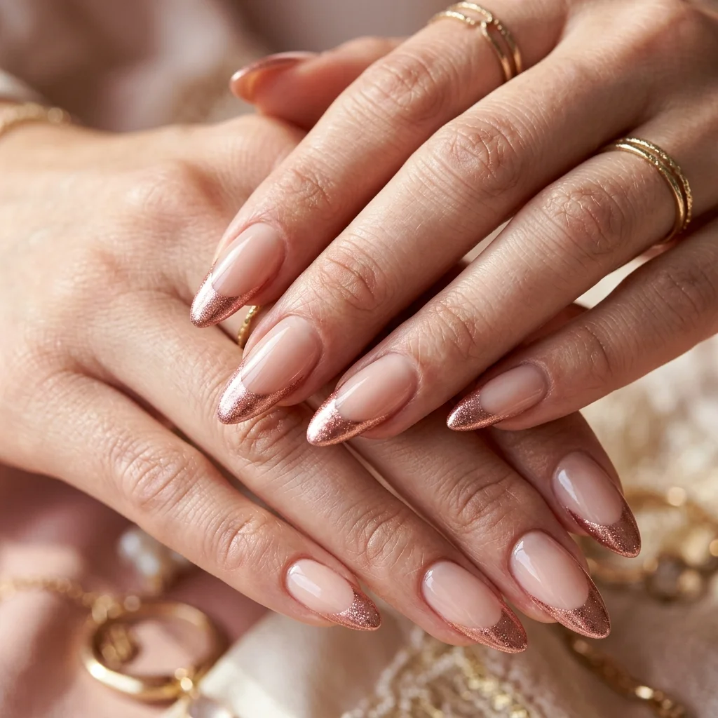 Rose Gold French Tip Almond Nails