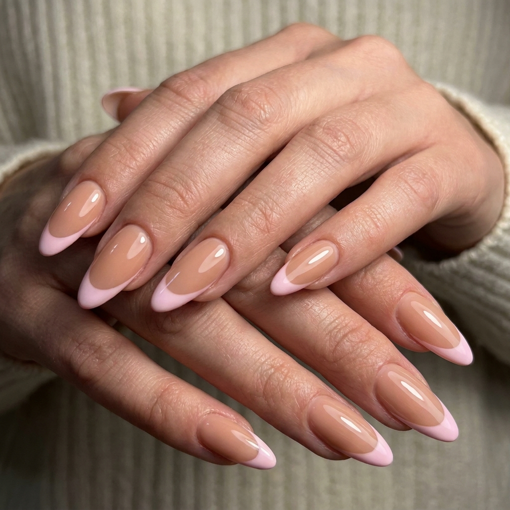 Soft Pink French Tip Almond Nails